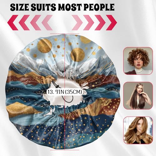 Luxury Shower Cap Satin Lined Reusable Waterproof Double Layer Elastic Adjustable Hair Bath Cap Cute Aesthetic Women Girls-Mountain - color: F18-Mountain