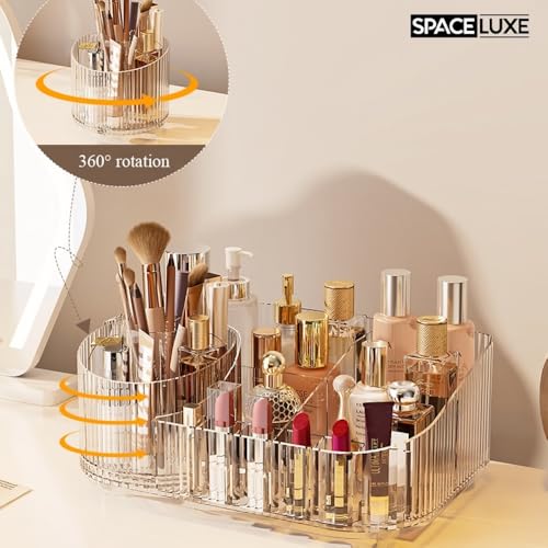 Makeup Organizer with Drawers, 360° Rotating Brush Holder | 2-Tier, Cosmetic storage for vanity, skincare, perfume, hair accessories, lipstick and jewelry, Clear - color: Clear, size: 2-layer