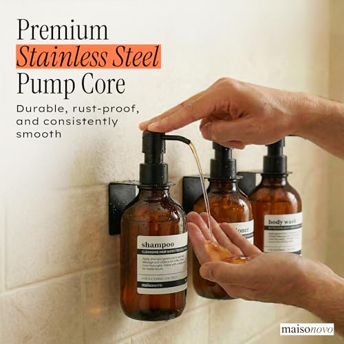 Shampoo and Conditioner Dispenser Wall Mounted Set of 3 Amber Black - No Drill Shower Soap Dispenser for Bathroom Refillable - Spa Hotel Style Accessories by MaisoNovo - color: Amber Classic Set of 3