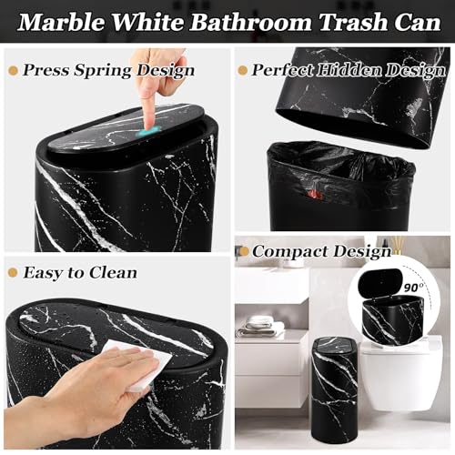 Bathroom Accessories Set, 9-Piece Marble Black Bathroom Set, Black Bathroom Accessories with Slim Trash Can, Soap Dispenser, Toilet Brush, Toothbrush Set, Qtip Holders