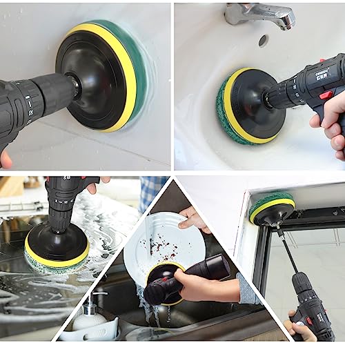 Power Scrub Pads Drill Attachment, GOH DODD 15 Pieces 5 Inch Headlight Restoration Kit Cleaning Kit Scouring Pads with Baker and Universal Shaft for Kitchen, Bathroom, Grout, Carpet, Tub, Grill, Tile - size: 5 Inch 15 Pieces
