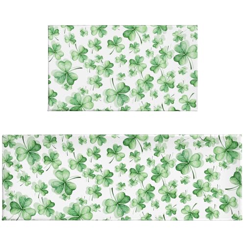 St. Patrick's Day Kitchen Mats for Floor 2 Pcs Green Watercolor Shamrock Clover Washable Runner Rug Non Slip 17"x47"+17"x30", St Patricks Day Kitchen Rugs Set for Spring Irish Home Decor - color: Green Watercolor Shamrock