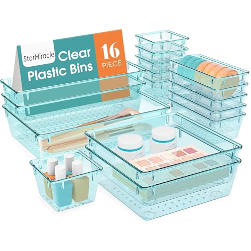 StorMiracle 16 PCS Drawer Organizer Set, 5 Varied Size Bathroom and kitchen Drawer cabinet organizer Trays, Clear Storage Bins for Makeup, Jewelry, Utensils and Gadgets - color: Sea Blue, size: 16 PCS