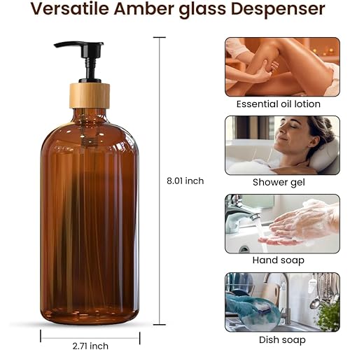 Sunrise Premium 16 OZ Thick Amber Glass Soap Dispenser, Bamboo Pump with Tray 2 Pack, Hand and Dish Soap Dispenser Set for Bathroom with 6 Waterproof Labels - color: Plastic Bamboo Pump - Amber Glass Pack 2