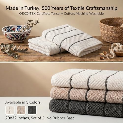 Herringbone Bath Mat Set of 2, Turkish Cotton Tencel Blend, Absorbent Quick Dry, 20x32 Inch, Oeko-TEX Certified, Made in Turkey - color: Warm Cream