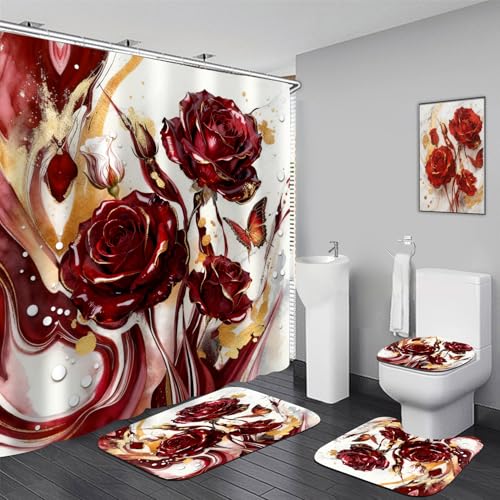 Red Marble Rose Shower Curtain Set,Luxury Modern Abstract Floral Bathroom Decor with Non-Slip Rugs & Toilet Lid Cover, Waterproof Fabric with 12 Hooks,Elegant Glamorous Bathroom Accessories for Home - color: Red Rose Decoration