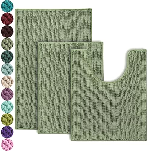 Urvoix Bathroom Rugs Sets 3 Piece, Non-Slip Chenille Bath Rug - Ultra Soft, Washable, Super Absorbent Bath Mat for Bathroom, Toilet and Tub (Sage Green) - color: Sage Green