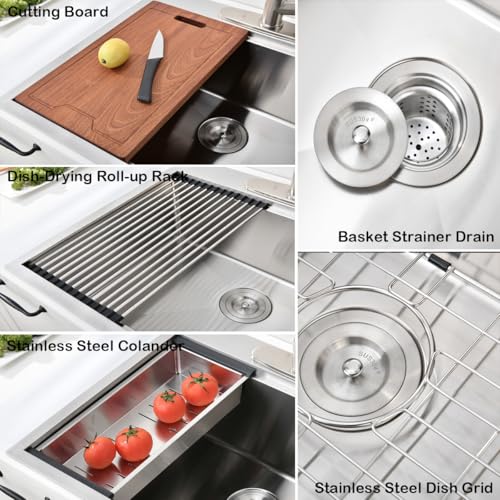 33 Inch Drop In Kitchen Sink Workstation - VOKIM 33 x 22 Inch Drop In Sinks 16 Gage Stainless Steel Topmount Sinks Single Bowl 10'' Deep Handmade Above the Counter sink with Cutting Board& Strainer - color: Stainless Steel, size: 33"L x 22"W x 10"D