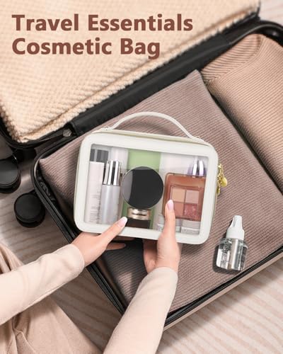 Soimeat Clear Makeup Bag, Portable Travel Cosmetic Bags, Multipurpose Leather Toiletry Bag with Zipper, Waterproof Transparent Cosmetic Organizer for Women, Large, Beige - color: Beige, size: Large