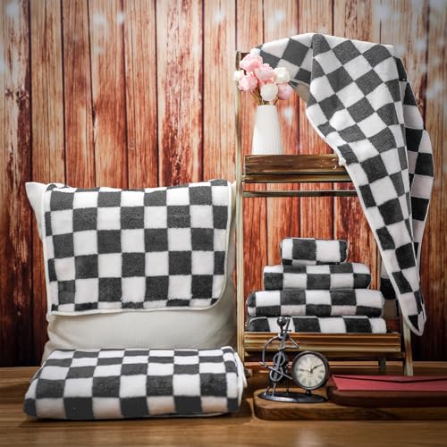 Kinlop 6 Pcs Checkered Bath Towels Set Back to School Lightweight Coral Washcloth Quick Dry Patterned Thin Coral Fleece Hand Towel for Bathroom Gym Spa Beach Accessory(Dark Grey,Checkered) - color: Dark Grey, style: Checkered