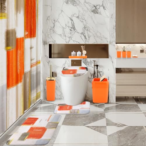 XLHOMO Bathroom Set - Orange Bathroom Accessories Set, Bathroom Sets with Shower Curtain and Rugs, Orange Shower Curtain Set with Bathroom Trash Can, Soap Dispenser, Soap Dish for Home Decor - color: Plaid Orange & Gold, size: Complete Set + Bath Rugs