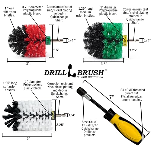 Drillbrush Handle Variety Kit - Car Cleaning Supplies Interior - Car Detailing Kit - Scrub Brushes for Cleaning - Wheel Cleaning Brush for Drill - Brush Heads for Cleaning Cars, Kitchens & Outdoors - color: White / Green / Red