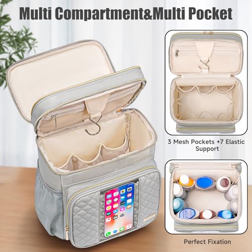 Large Leather Toiletry Bag for Women Men,Bathroom Bag,Water Resistant Shower Bag,Makeup Bag,Portable Shower Caddy for College Dorm,Hanging Travel Toiletry Bag with Transparent Waterproof Phone Pocket - color: Grey Leather