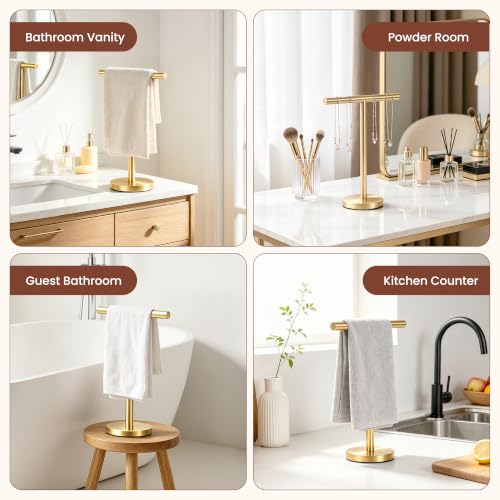 Hand Towel Holder Stand, Freestanding Bathroom Towel Rack, Gold | Weighted base keeps towels stable and doubles as a display stand for jewelry, watches and hair accessories - color: Golden-1 Pack
