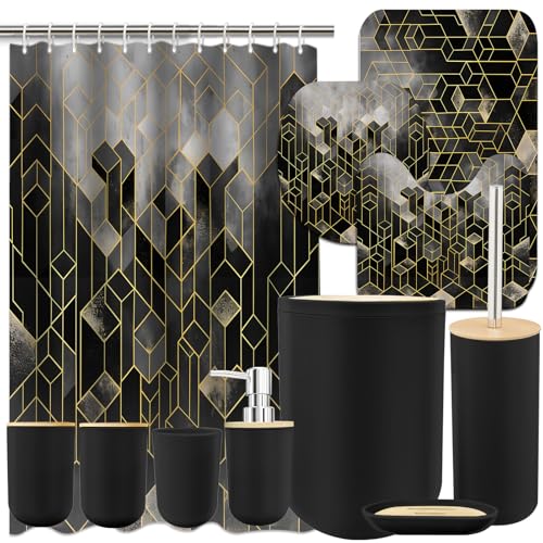 Lnond Black Bathroom Set, Black Abstract Cubes Bathroom Accessories Sets Complete, Luxury Restroom Set with Shower Curtain and Rugs, Trash Can, Toilet Brush Holder Set & Soap Dispenser - style: Black