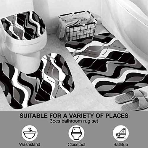 4Pcs Black Shower Curtain Sets with Non-Slip Rugs, Toilet Lid Cover and Bath Mat, Black and Gray Bathroom Decor Set Accessories Fabric Waterproof Shower Curtains with 12 Hooks, 72 x 72 Inch - color: Black