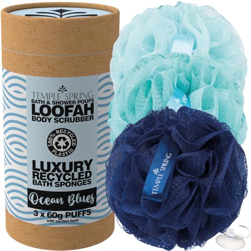 Temple Spring Soft Mesh Shower Loofah Sponge 3-Pack (60g Each) — Gentle Exfoliating Body Scrubber for Rich Lather & Smooth Skin, Bath Sponge for Women & Men, 100% Recycled Materials with Suction Hook
