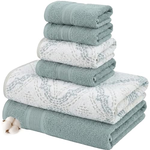 Modern Threads Capri 6-Piece Reversible Yarn Dyed Jacquard Towel Set - Bath Towels, Hand Towels, & Washcloths - Super Absorbent & Quick Dry - 100% Combed Cotton, Ivy - color: Ivy Green, style: Soft Geometric