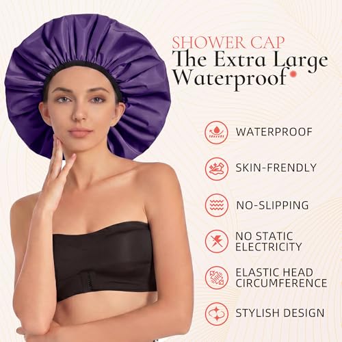 Extra Large Shower Cap for Women, Reusable Waterproof Shower Bonnet with Satin Lining, Double Layer Washable Bath Hair Cap for Braids, Locs, Long Thick Curly Hair, Natural Hair(Big Dark Purple) - color: Dark Purple