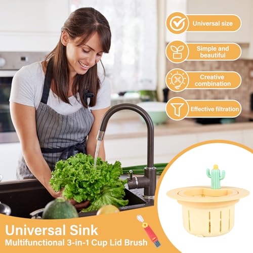 Upgraded Automatic Pressing Sink Filter, Cactus Sink Strainer, Kitchen Waste Collector Filter, Kitchen Accessories Sink Drain Stopper, and Cleaning Brush (1, Yellow)