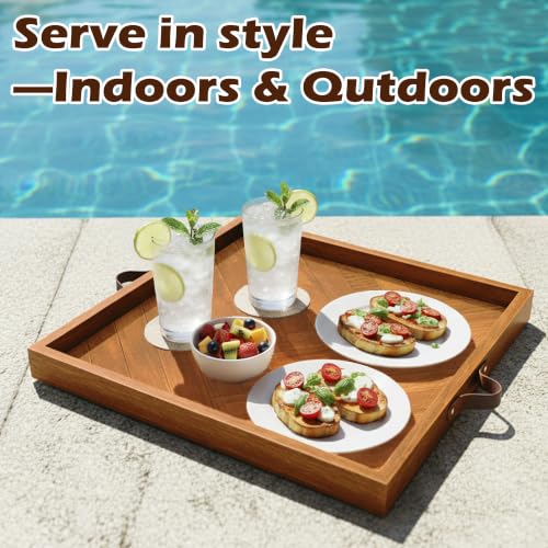Large Square Ottoman Tray 24.5"x24.5", Wooden Ottoman Trays with Leather Handles, Rustic Decorative Storage Tray for Ottoman - size: 24.5" x 24.5" x 1.5"