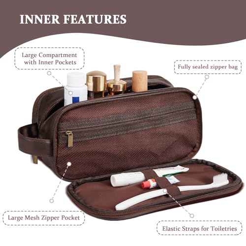 Travel Toiletry Bag For Mens PU Leather Engraved Initials (Dark Brown C) | Personalized Gifts For Father Husband Groomsmen Birthday Waterproof Dopp Kit Bag Beach Travel Essentials Bathroom Organizer - color: Dark Brown, style: C