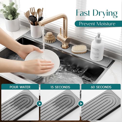 eormoe 30 inch Kitchen Faucet Absorbent Mat - Diatomaceous Earth Splash Guard for Sink Faucet, Aesthetic Water Absorbing Stone Tray in The Modern Home(Grey, 30" x 3.9") - color: Gray, size: 30" x 3.9"