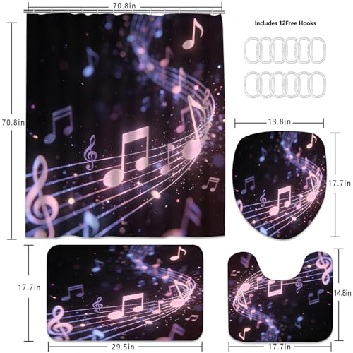 AZHM Glitter Music Note Shower Curtain Set 4 PCS Modern Black Purple Bathroom Decor Set with Non-Slip Bath Rugs, Toilet Lid Cover & U-Shaped Mat - color: Black Purple