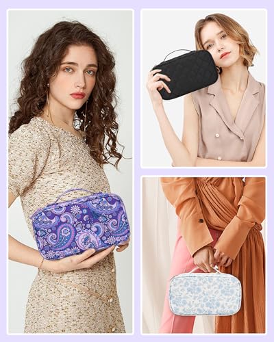 Relavel Travel Makeup Bag, Small Floral Cosmetic Bag with Makeup Brush Compartment, Portable Makeup Pouch for Women, Double Layer Cute Toiletry Organizer Bag, Purple Flower - color: 01B-Floral Purple, size: MEDIUM
