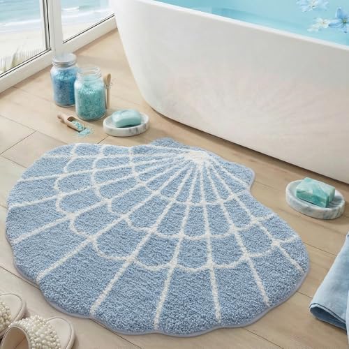 DEXI Seashell Bathroom Rugs Non Slip Washable, 38x30 Ultra Soft Cute Bath Mats for Bathroom Absorbent Quick Dry, Coastal Sea Bathmat for Shower Floor, Tub, Sink, Blue - color: Scallop Blue-large