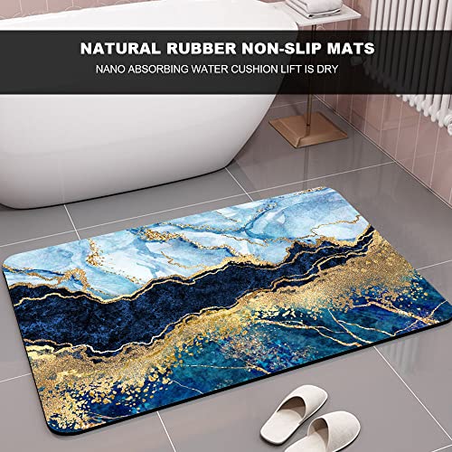 Diatomaceous Earth Bath Mat,Blue White Black and Gold Marble Non-Slip Volume Super Absorbent Fast Drying for Bathroom Kitchen Door mat,Eco-Friendly Easy to Clean 17×27.5Inch (43 * 70cm) - color: Blue White Black and Gold Marble, size: 1'5" x 2'4" (Rectang