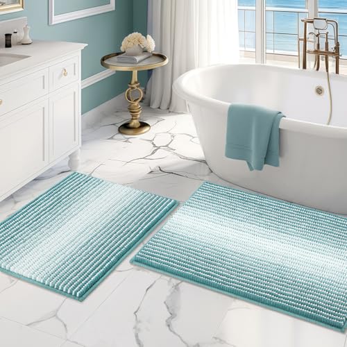 BSICPRO Bathroom Rugs and Mats Sets, 2 Piece Thick Absorbent Chenille Bath Mat Rug Set Non Slip, Soft Shaggy Bath Room Floor Mats for Bathroom, Machine Washable (Aqua Green, 20" x 32" Plus 16" x 24") - color: Aqua Green, size: 20" x 32" Plus 16" x 24"