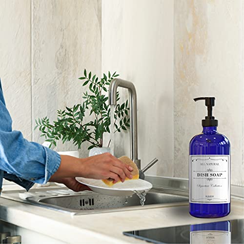 Sunrise Premium 16 OZ Cobalt Blue Glass Soap Dispenser with Pump 2 Pack, Hand and Dish Soap Dispenser Set for Bathroom and Kitchen Sink with 6 Waterproof Labels - color: Cobalt Blue Glass - Plastic Pump