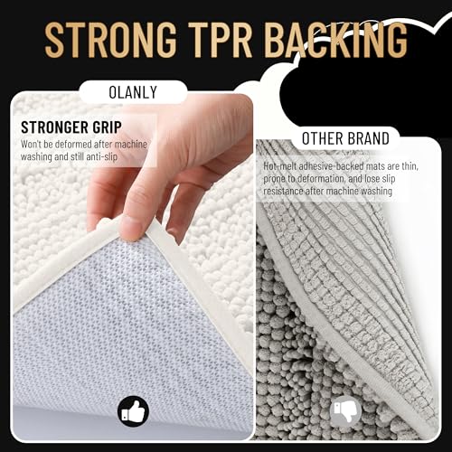OLANLY Thick Small Bathroom Rugs 24x16, Extra Soft Absorbent Chenille Striped Bath Rugs, Rubber Backing, Machine Wash, Bath Mats for Bathroom Floor, Tub and Shower, Home Decor Accessories, Ivory - color: Ivory, size: 24" X 16"