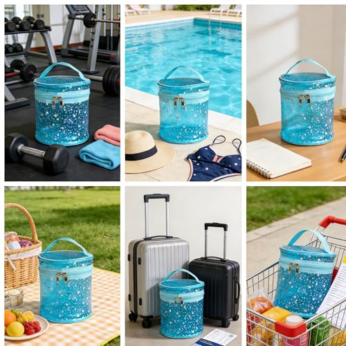Waterproof Blue Star PVC Makeup Bag - 7.1x6.3in Barrel Cosmetic Organizer with Zipper, Portable Toiletry Pouch for Women & Men (Blue) - color: Blue