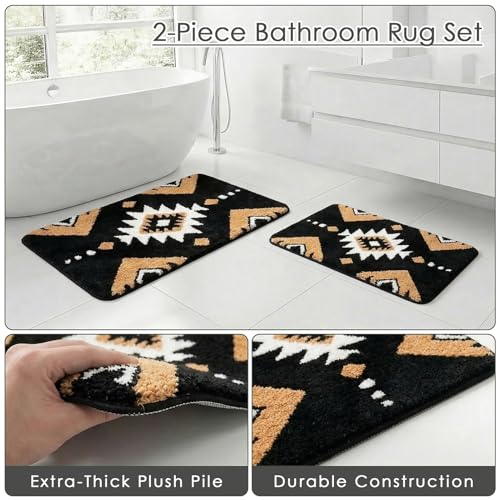 Arttown Black Boho Aztec Vintage Bathroom Rug Set 2 Piece Fluffy Microfiber Bathroom Mat Non-Slip Water Absorbent Bath Rug Soft Washable Floor Rug for Tub Showers Laundry Room Decor (16"x24"+20"x32") - color: Black Brown