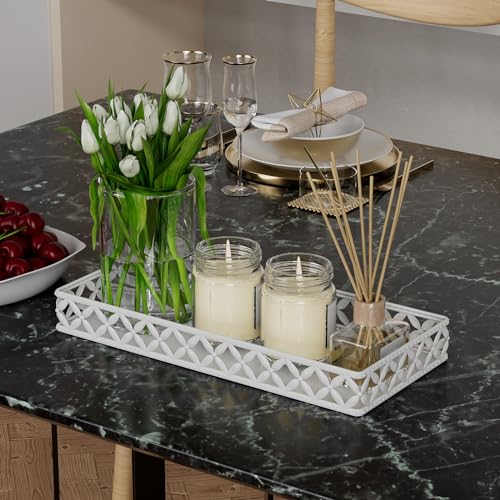Bathroom Vanity Tray for Countertop - 11" x 4.9" White Decorative Tray | Small Metal Rectangle Tray, Non-Slip Bathroom Counter Tray, Bathroom Organizer for Perfume Makeup Cosmetic Jewelry Soap - color: Rectangle Floral-white