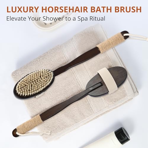 Dry & Wet Brushing Body Brush, Natural Boar Bristle Back Scrubber for Shower with Detachable Handle, Exfoliating Brush for Lymphatic Drainage, Improved Circulation & Smooth Skin - color: Dark Brown