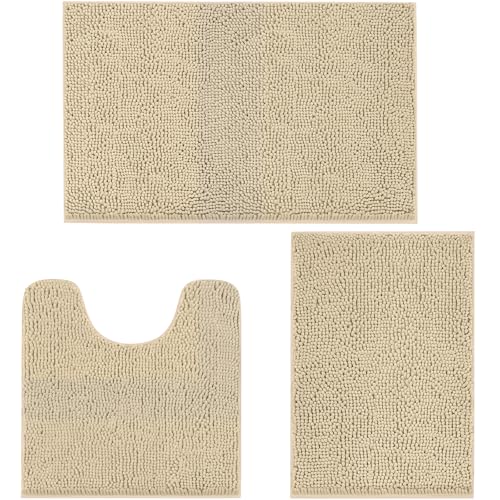 TREETONE Bathroom Rugs Sets, Thick Soft Absorbent 3 Piece Chenille Bath Rugs, Non-Slip, Dry Quickly, Machine Washable, Shaggy Mats with U-Shaped Toilet Rug for Bathroom Floor, Tub and Shower, Beige - color: Beige, size: 16"x24"+20"x32"+U Shape 20"x20"