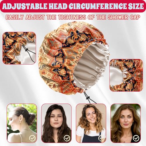 Luxury Shower Cap Satin Lined Reusable Waterproof Double Layer Elastic Adjustable Hair Bath Cap Cute Aesthetic Women Girls-Boho 2 - color: F20-Boho 2