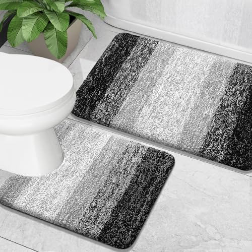 OLANLY Bathroom Rug Set 2 Piece, Soft Absorbent Microfiber Bath Mats and U-Shaped Contour Toilet Rug, Non-Slip, Machine Wash Dry, Plush Shaggy Bath Mats for Bathroom (24"x16"+24"x20", Black) - color: Black, size: 24" X 16" + U24" X 20"