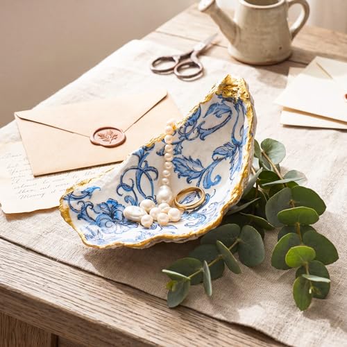 Natural Oyster Ring Trinket Dish Vintage Jewelry Tray for Keys Small Jewelry Holder for Bridal Shower Favors Friends Sisters Daughter Mother Gift Seaside Decor(Floral Scroll) - style: Floral Scroll