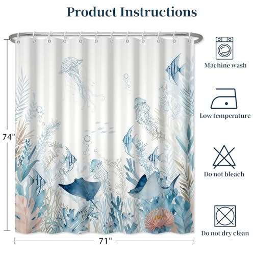 Fabric Shower Curtain with Hooks, Waterproof & Washable Polyester, Ocean Turtle Octopus Fish Shower Curtains for Bathroom, Summer Underwater Animal Coastal Beach Bathroom Curtain, 71x74 Inch - color: Blue Ocean Whisper