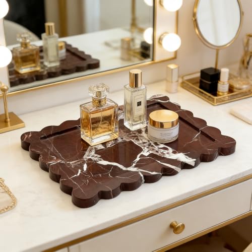 Real Natural Red Marble Tray, Luxury Scalloped Marble Tray, Decorative Rectangle Marble Tray for Vanity Bathroom Kitchen Coffee Table Jewelry Perfume Home Decor - color: Rosso Lepanto