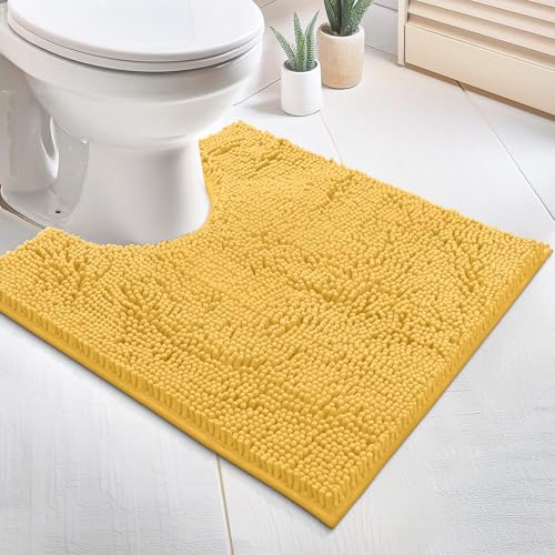 LuxUrux U-Shaped Toilet Bath Mat – Absorbent & Non-Slip Contoured Rug for Toilet Base, Plush Chenille, Machine Washable (20 x 20 inch, Yellow) - color: Yellow, size: 20'' X 20'' U