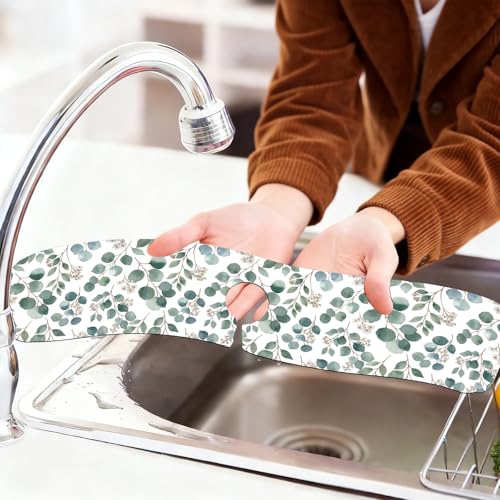 2 Pcs Kitchen Sink Splash Guard Faucet Mat Green Leaves Pattern Faucet Mat for Sinks Eucalyptus Leaves Absorbing Drying Mats for Kitchen Bathroom, 23.6x5.5inch - color: Green Leaves Pattern