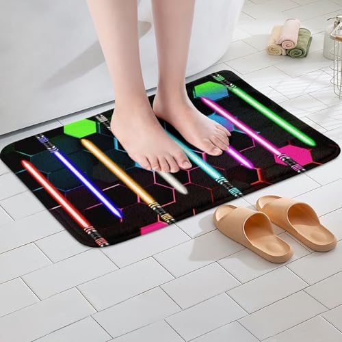 Neon Colorful Light Up Sword Bathroom Rug,Kids 3D Geometric Honeycomb Hexagon Shaggy Absorbent Floor Mat,Boys Girls Adult Fashion Games Non Slip Bath Mat Black Cool Bath Indoor Doormat Decor,16"x24" - color: Lightsaber 09, size: 16" x 24"