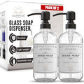 Sunrise Premium 2 Pack Clear Glass Soap Dispenser 16 OZ with Matte Black Stainless Steel Pump, Hand and Dish Soap Dispenser Set for Bathroom and Kitchen Sink with 6 Waterproof Labels - color: Matte Black Ss Pump - Clear Glass