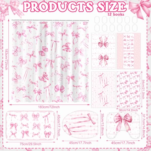 FuWeave 8 Pcs Pink Bow Shower Curtain Sets for Bathroom Decor Cute Coquette Bathroom Accessories Bow Knot Aesthetic Girly Shower Curtain Sets with Towels Carpet Bath Mat Toilet Rugs and 12 Hooks - color: Pink Bow
