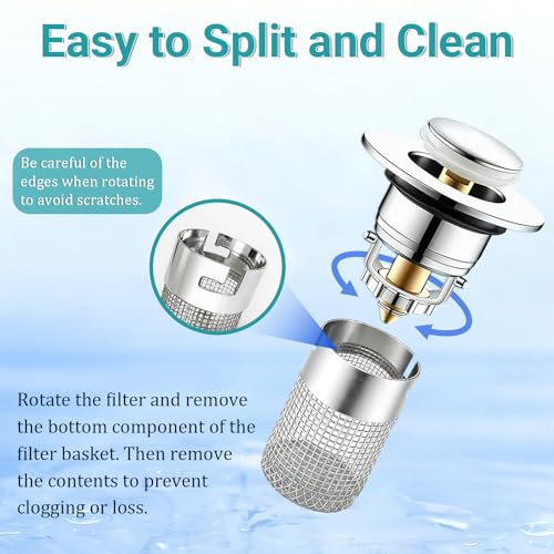 Bathroom Sink Drain Strainer, Pop-Up Sink Stopper Hair Catcher, Anti-Clog with Removable Stainless Steel Filter Basket, Universal for US Standard Drain Stopper Replacement (Silver, 2pcs)